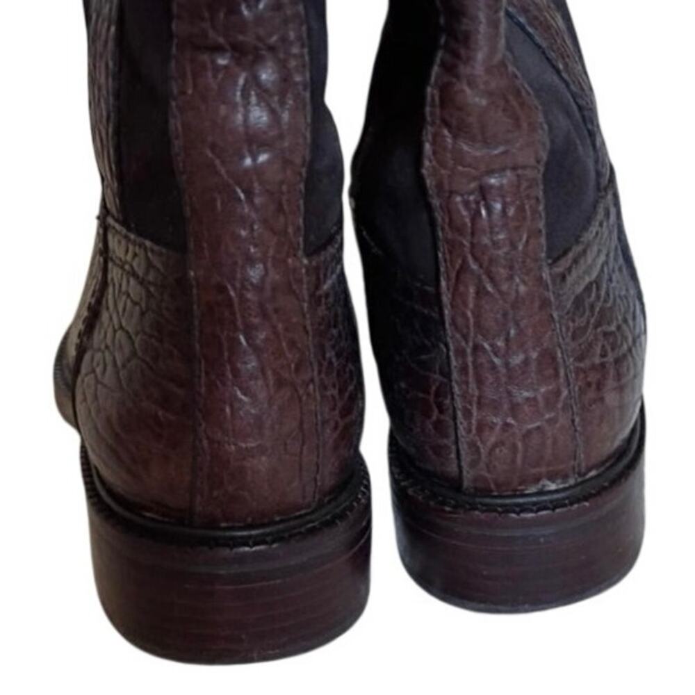 Tory Burch "Corey" mid-calf boots brown suede and croc-embossed textured leather - Picture 7 of 7